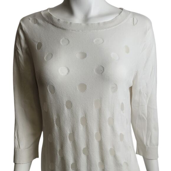 Halogen Women White Sheer Polka Dot Sweater L Mesh Swiss Dot Monochrome Layering - Picture 3 of 8